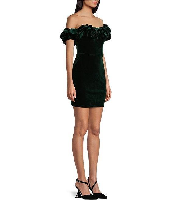Pear Culture Off-The-Shoulder Ruffle Neck Velvet Dress Product Image