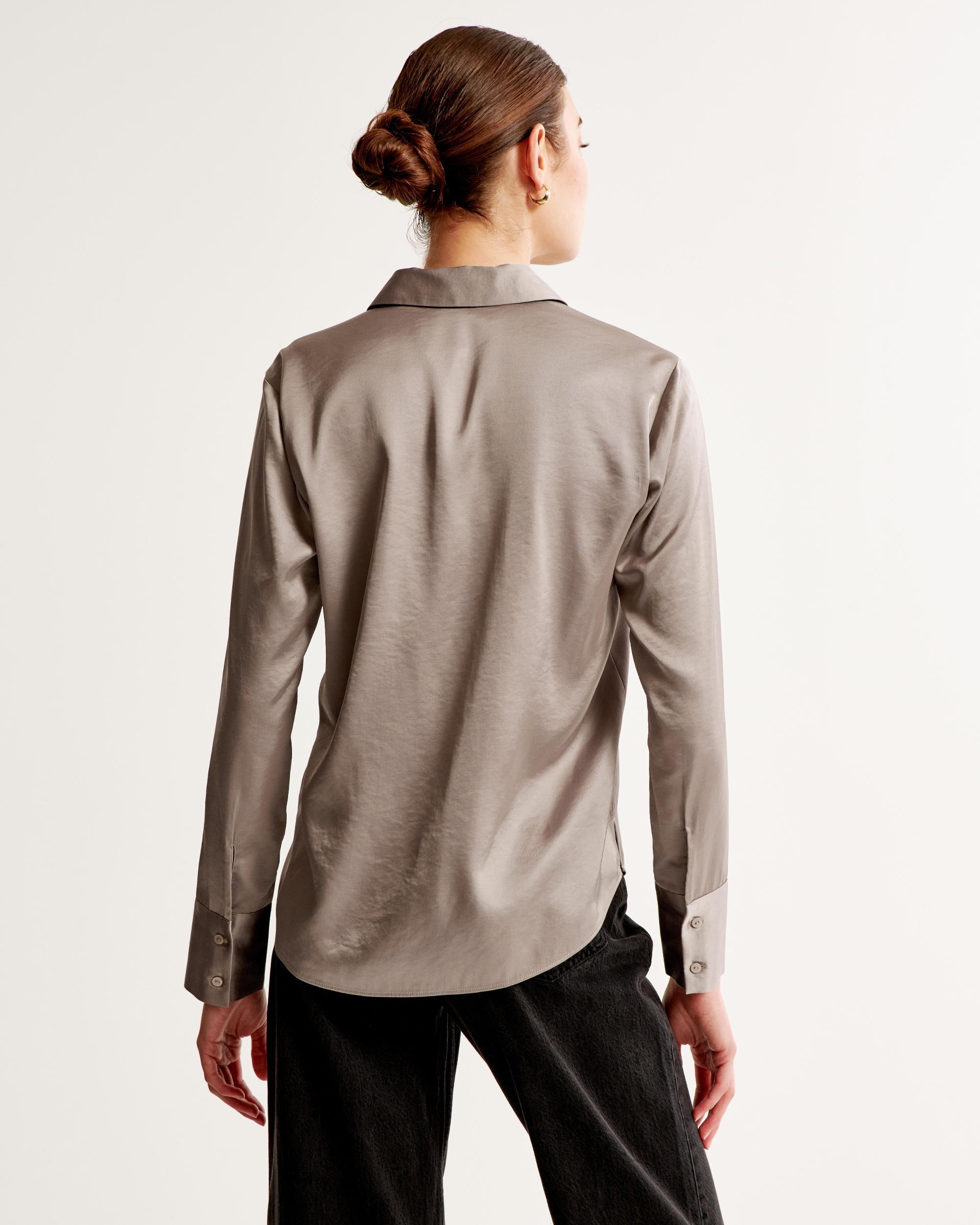 Long-Sleeve Satin Button-Up Shirt Product Image