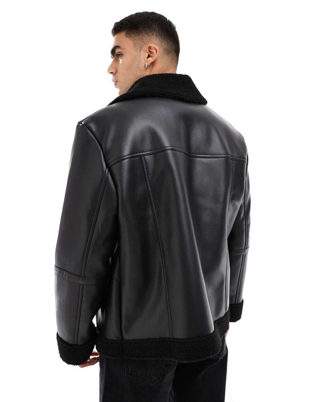 ASOS DESIGN faux leather aviator jacket with borg lining in black Product Image