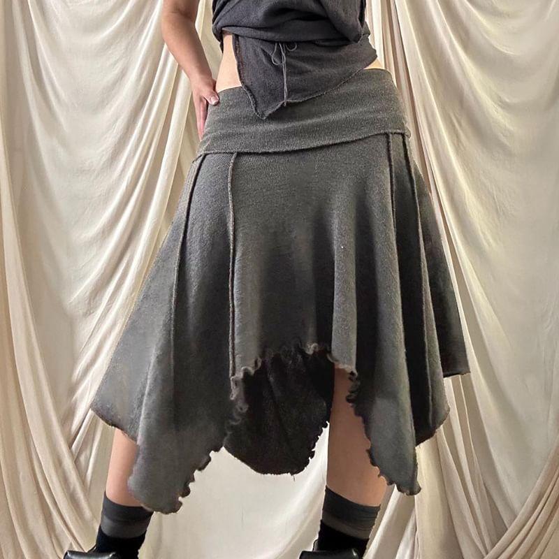 Low Rise Plain Paneled Ruffled-Trim Midi A-Line Skirt Product Image