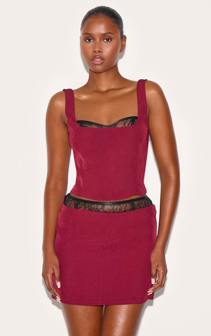 Burgundy Lace Waist Detail Woven Belted Mini Skirt Product Image