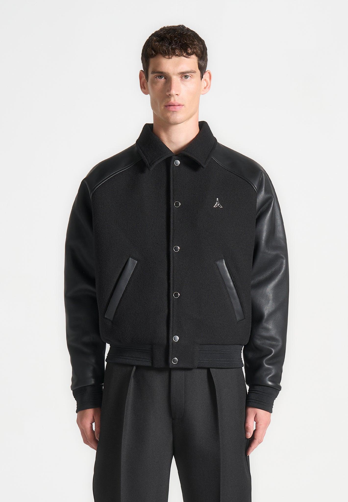 Leather Raglan Varsity Jacket - Black Male Product Image
