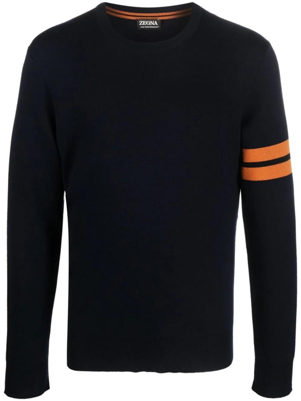 ZEGNA Stripe-detail Crew-neck Wool Jumper In Blue Product Image