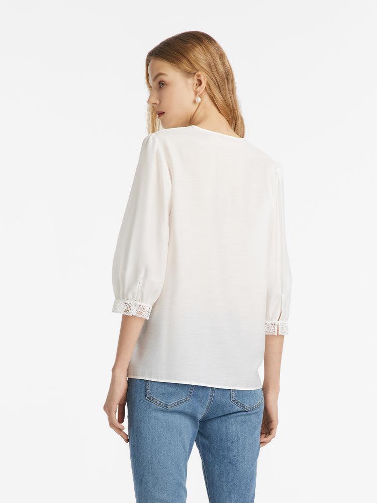Acetate V-Neck Lace Trim Women Blouse Product Image