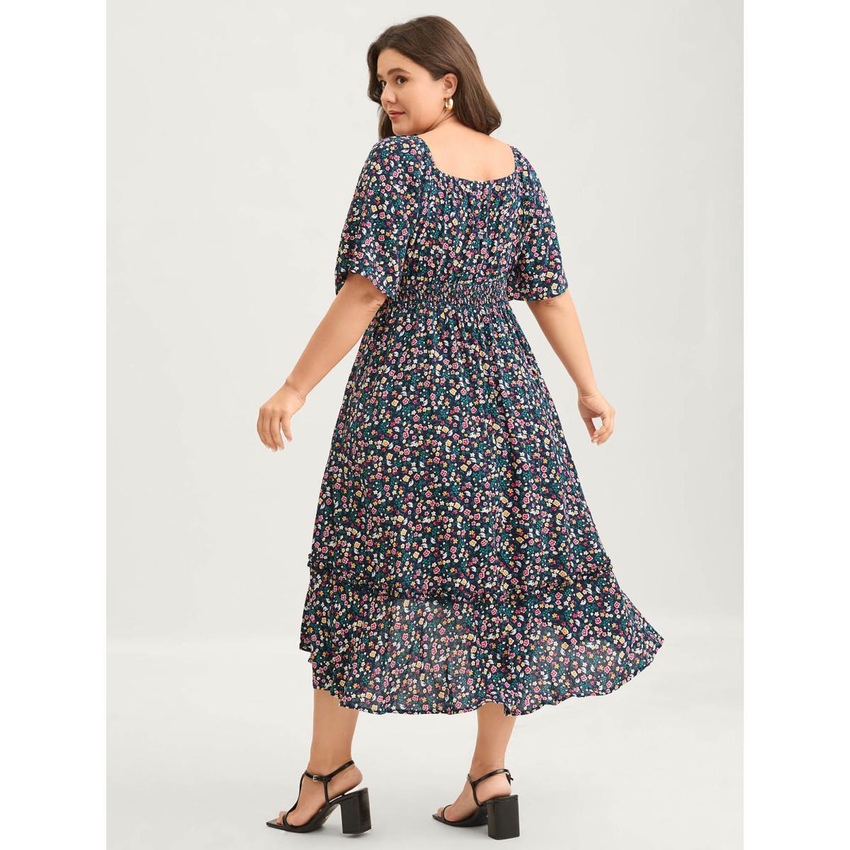 Plus Size Micro Floral Shirred Asymmetrical Midi Dress Navy Women Shirred Square Neck Short sleeve Curvy BloomChic 10/M Product Image