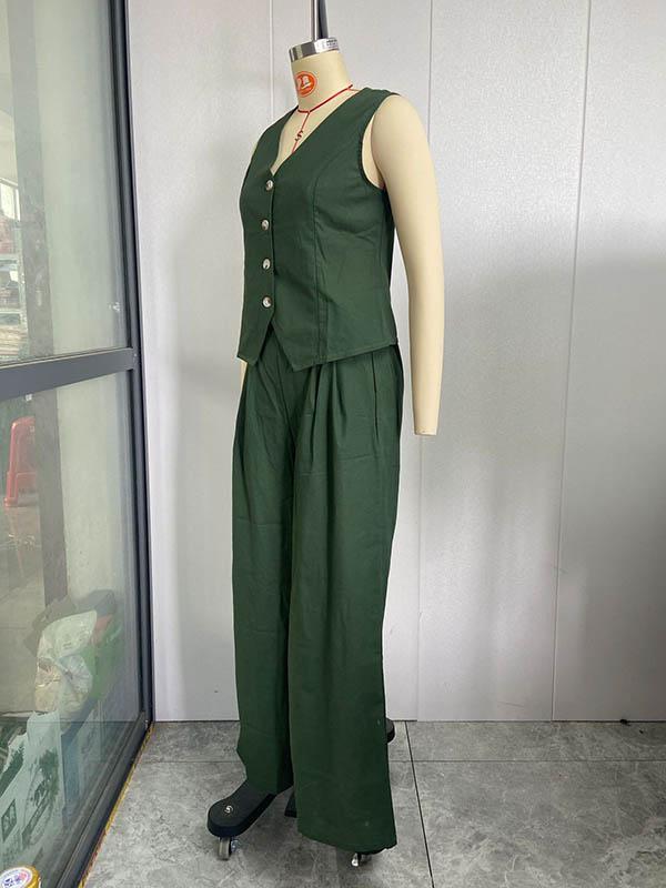 Plus Size Loose Solid Color Split-Joint V-Neck Vest + Elasticity Pants Two Pieces Set Product Image