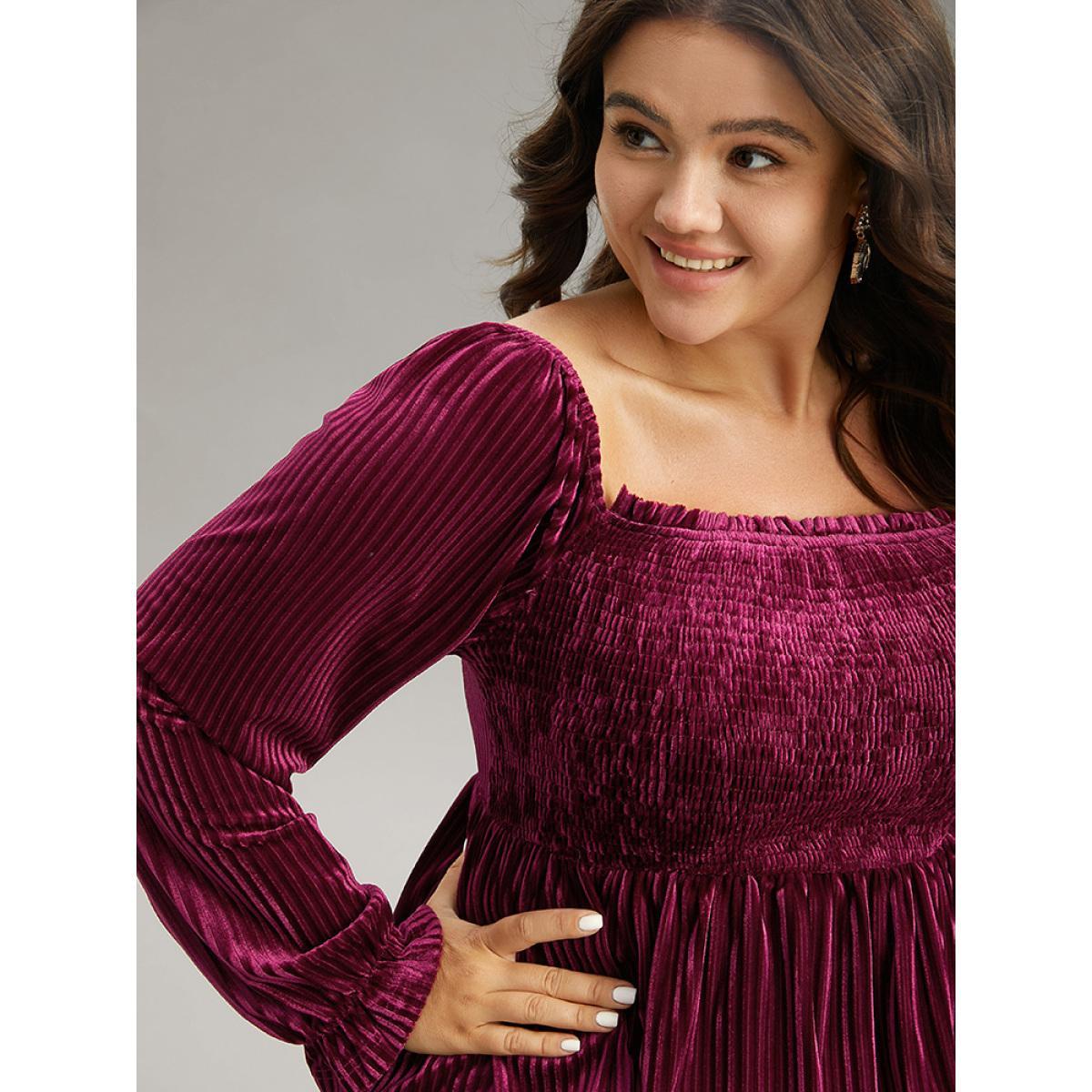 Plus Size RedViolet Velvet Frill Trim Shirred Square Neck Blouse Women Glamour Long Sleeve Square Neck Party Blouses BloomChic 18-20/2X Product Image