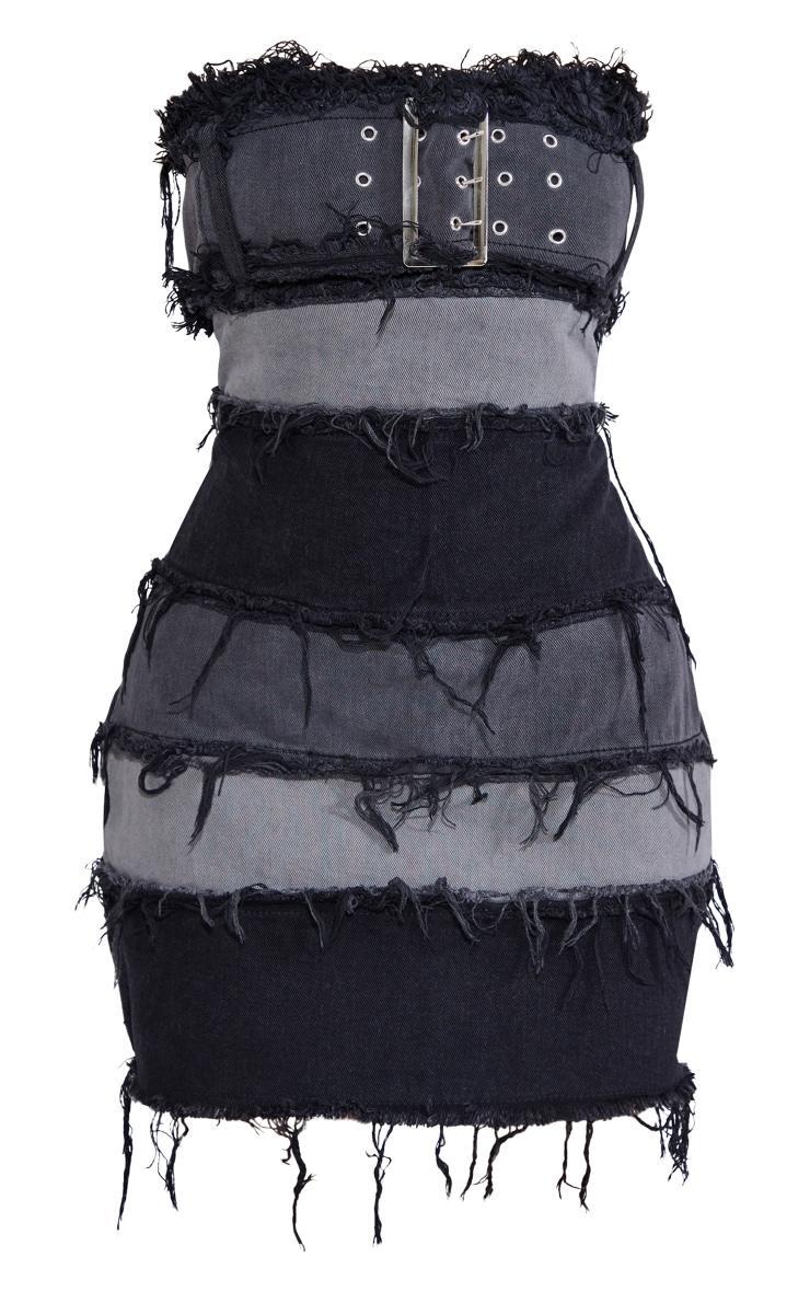 Petite Washed Black Distressed Panel Belted Denim Dress Product Image