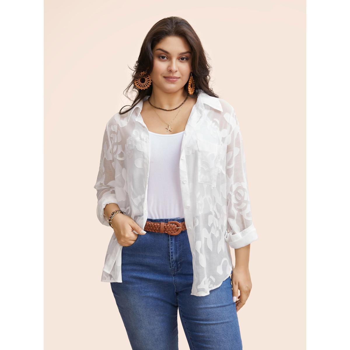Plus Size Originalwhite Shirt Collar Floral Mesh Blouse Women Resort Extra Long Sleeve Shirt collar Vacation Blouses BloomChic 14-16/1X Product Image