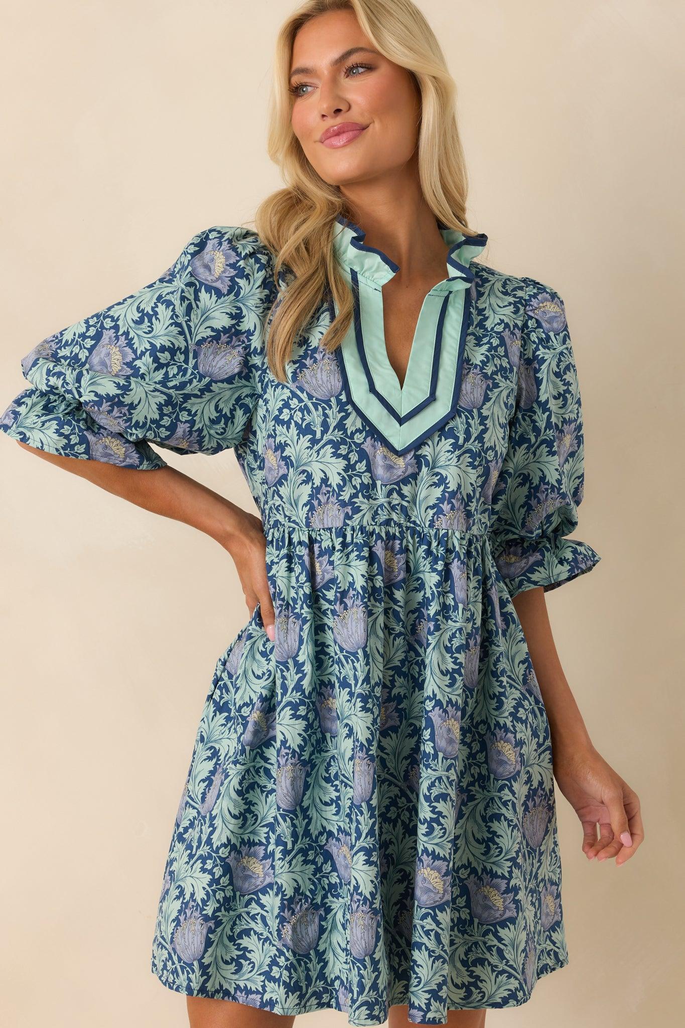 Let It Be Lovely Navy Multi Floral Print Cotton Mini Dress Product Image