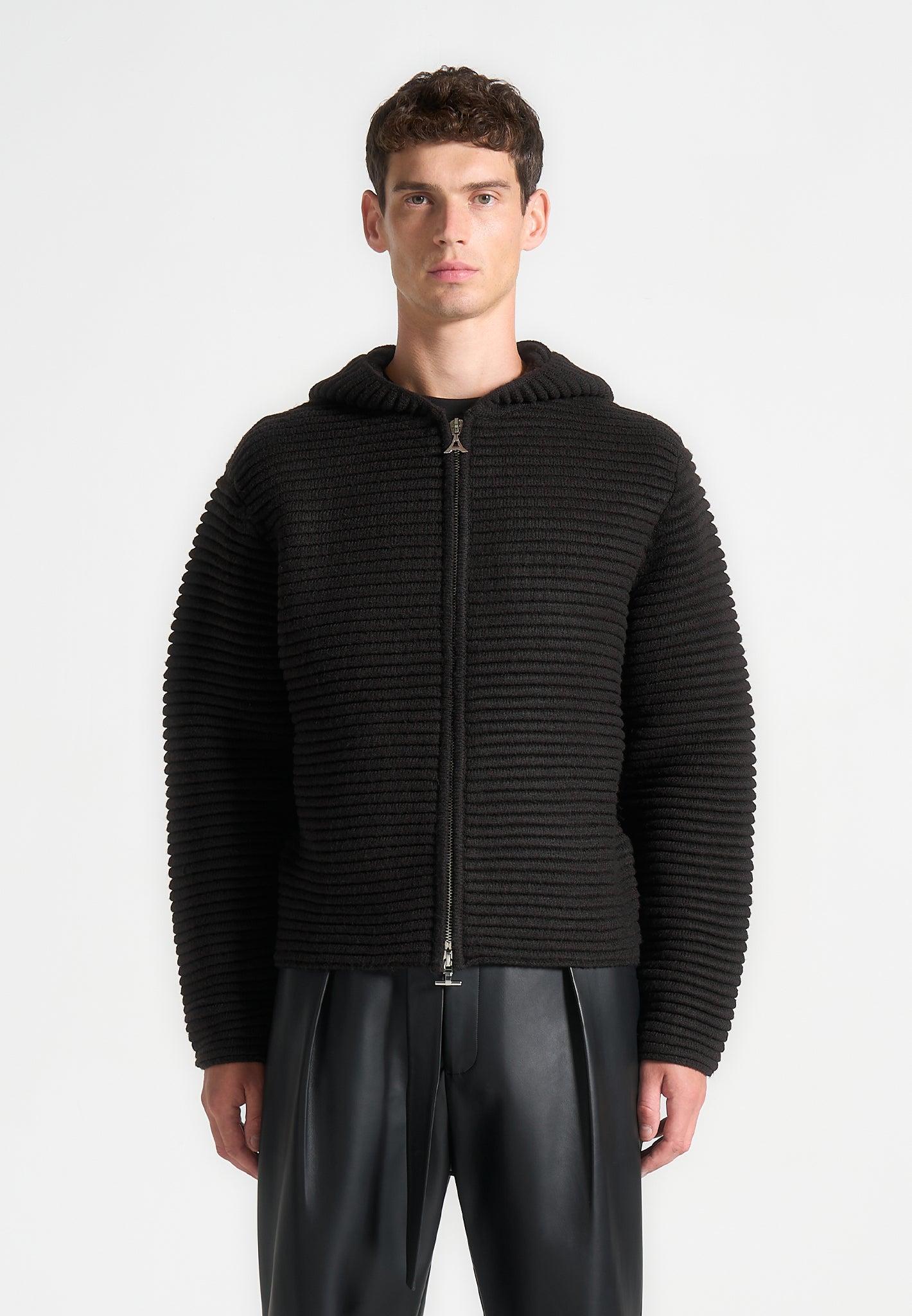 Ribbed Knit Zip Up Hoodie - Black Male Product Image