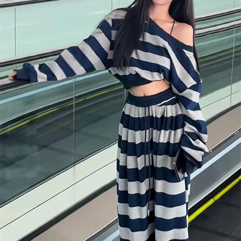 Set: Off-Shoulder Striped Cropped Pullover + Drawstring Waist Wide Leg Pants Product Image