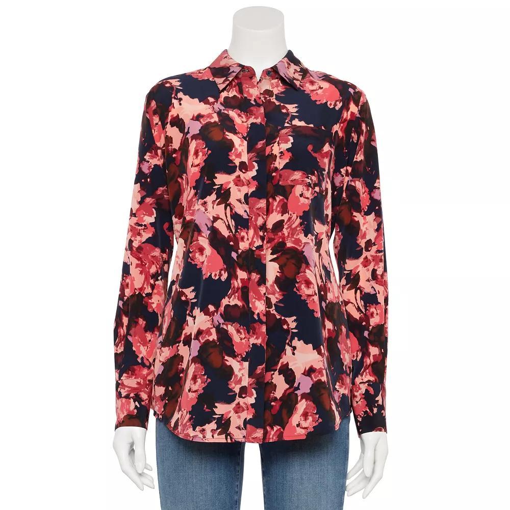 Petite Nine West Drapey Shirt, Women's, Size: Small Petite, Pink Abstract Flora Product Image