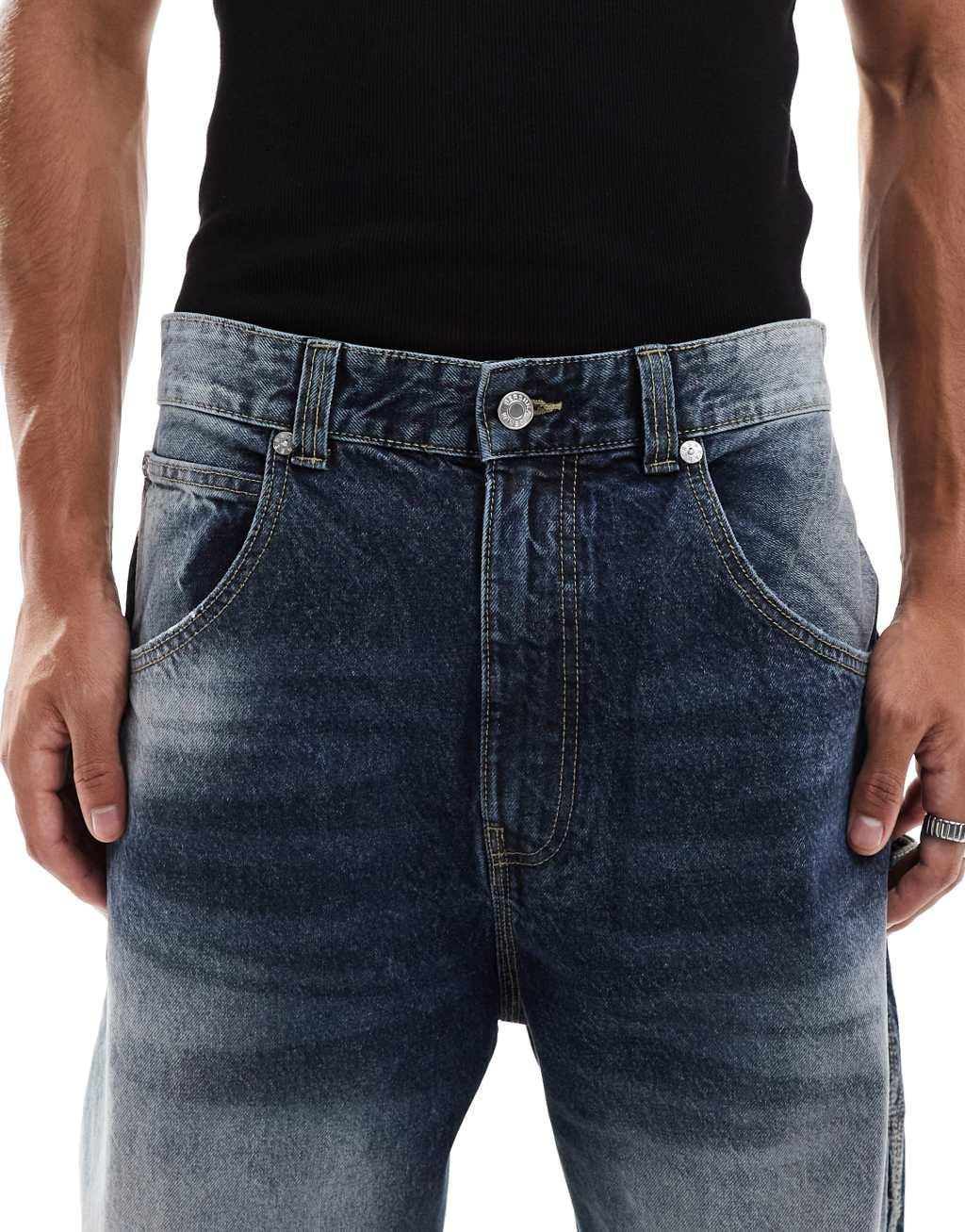 Bershka baggy carpenter fit jeans in mid blue Product Image