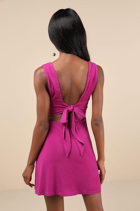 Sweetheart Glam Magenta Slinky Knit Tie-Back Mini Dress Product Image