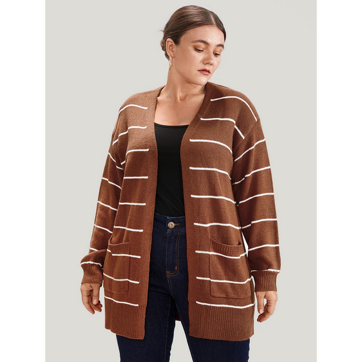 Plus Size Striped Pointelle Knit Button Side Pocket Open Front Cardigan Rust Women Casual Loose Long Sleeve Work Cardigans BloomChic 28/5X Product Image