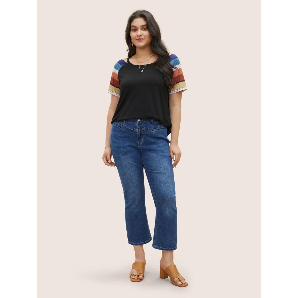 Plus Size Striped Contrast Raglan Sleeve Round Neck T-shirt Chocolate Women Resort Striped Round Neck Vacation T-shirts BloomChic 28/5X Product Image