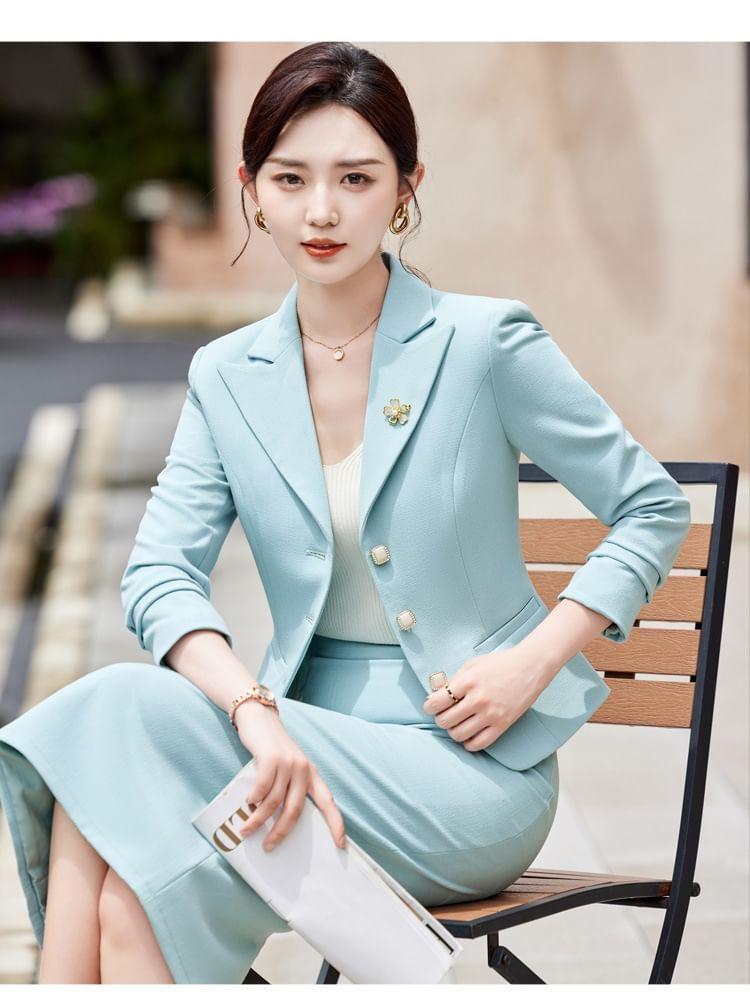 Set: Lapel Collar Plain Single Breasted Blazer + Mid Rise Plain Midi Pencil Skirt Product Image