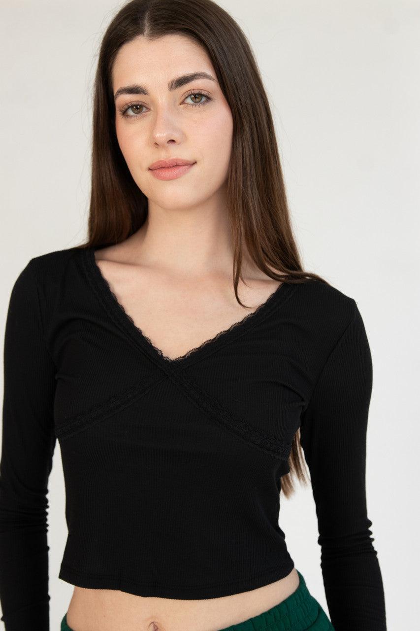 Lace Trim V-Neck Longsleeve Product Image