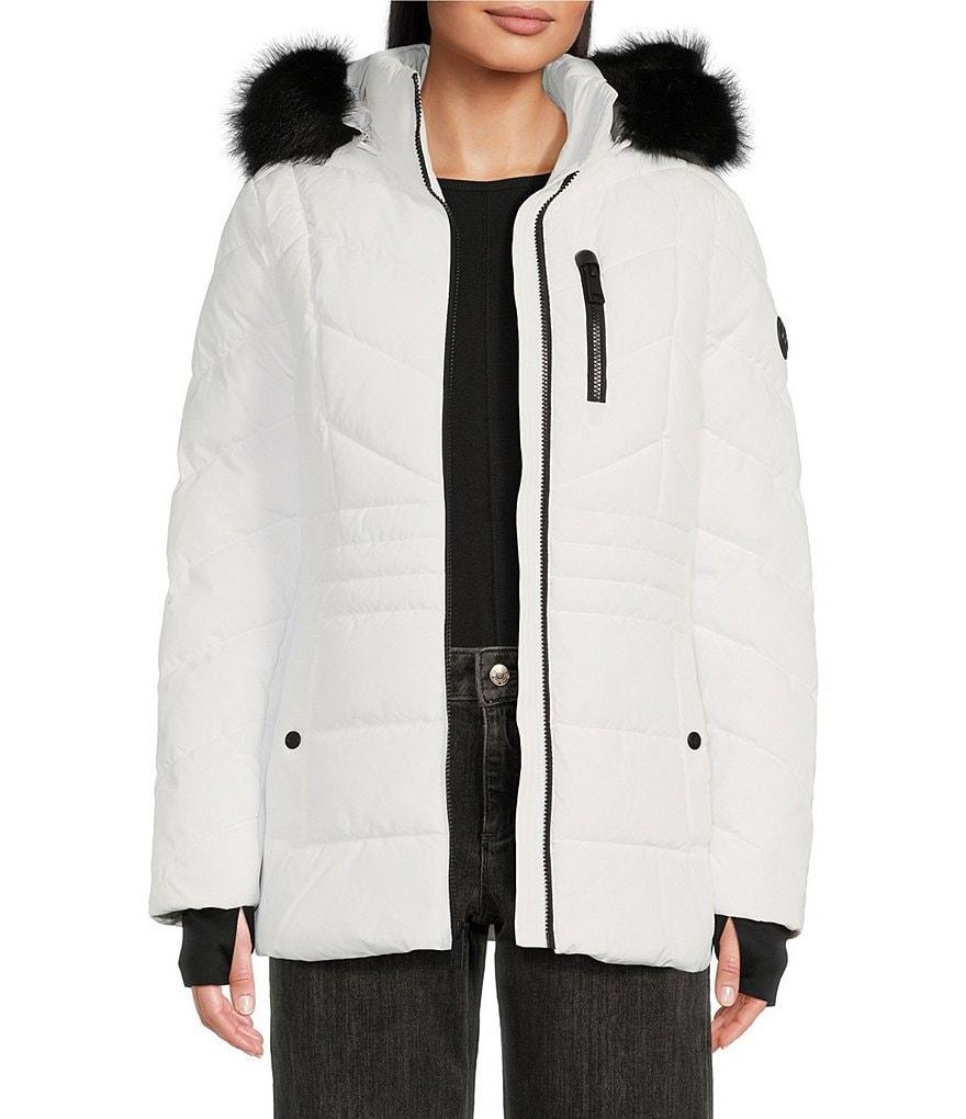 MICHAEL Michael Kors Removable Faux Fur Hooded Stand Collar Chevron Pattern Front Zip Puffer Coat Product Image