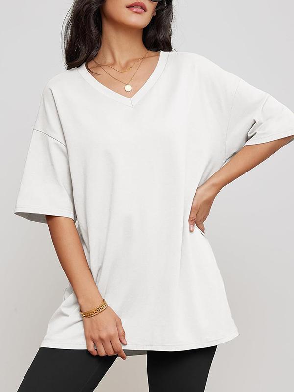 Short Sleeves Solid Color Split-Joint V-Neck T-Shirts Product Image