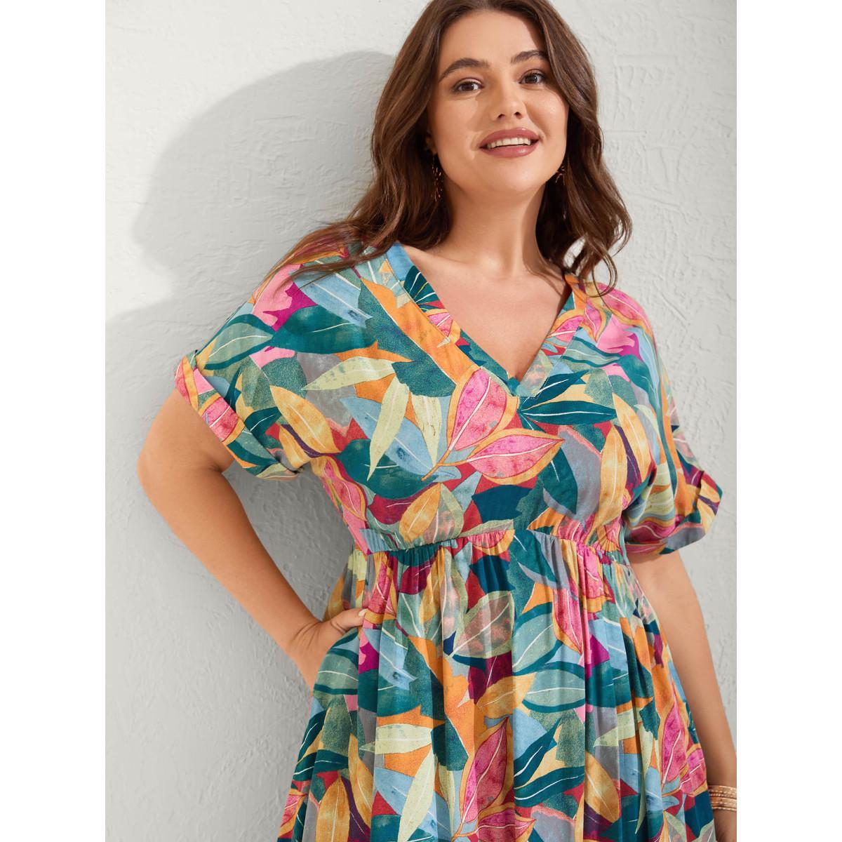 Plus Size Rayon Leafy Print Pockets Midi Dress Teal Women V-neck Short sleeve Curvy BloomChic 22-24/3X Product Image