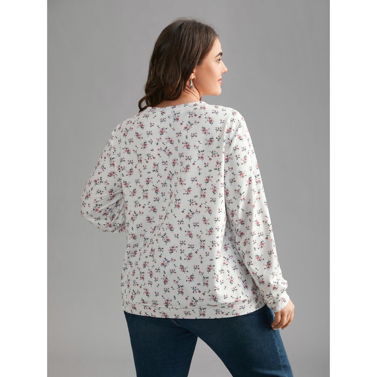 Plus Size Ditsy Floral Round Neck Sweatshirt Women Multicolor Casual Contrast Loose Round Neck Everyday Sweatshirts BloomChic 18-20/2X Product Image