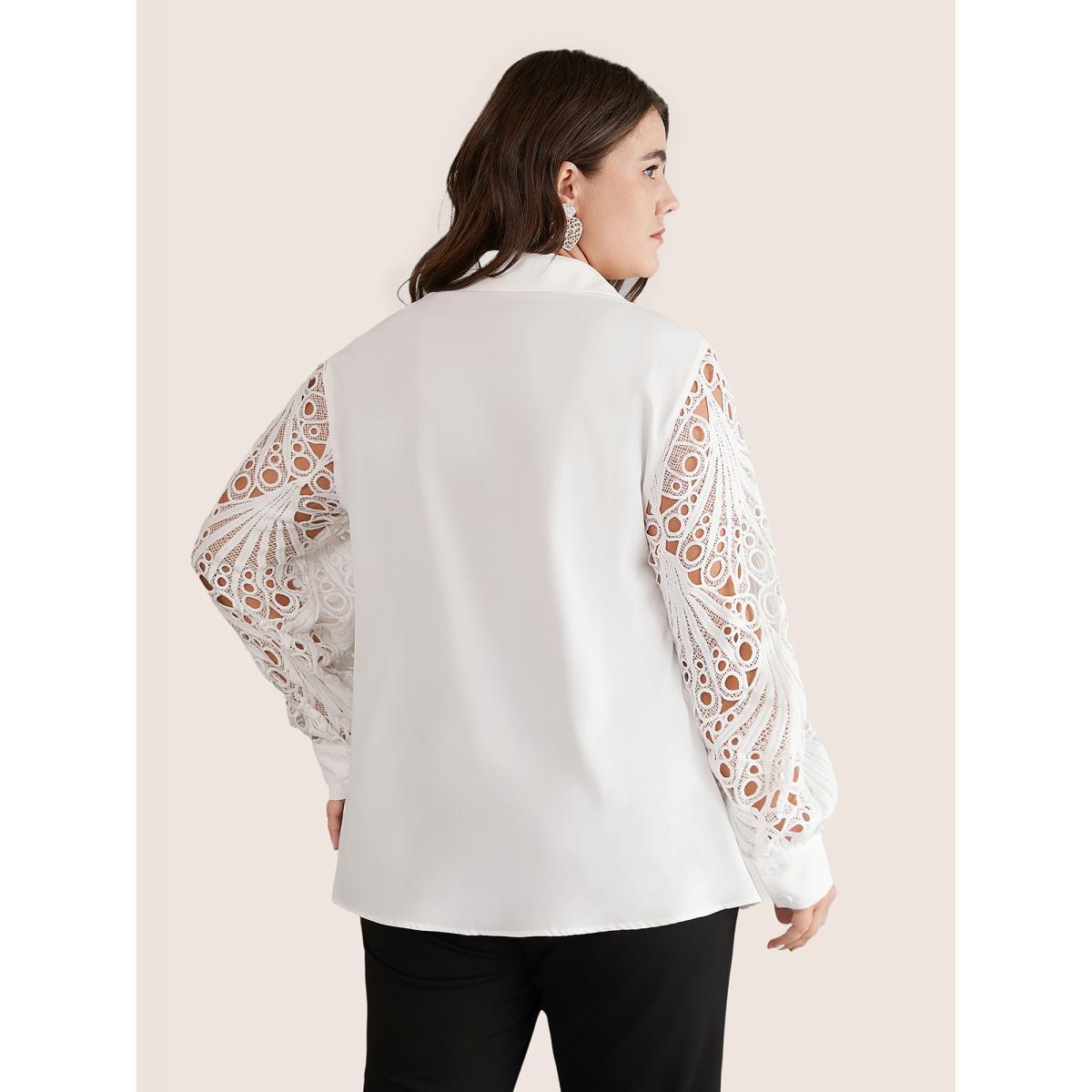 Plus Size White Static-Free Lace Panel Button Through Blouse Women Office Long Sleeve Shirt collar Party Blouses BloomChic 12/L Product Image
