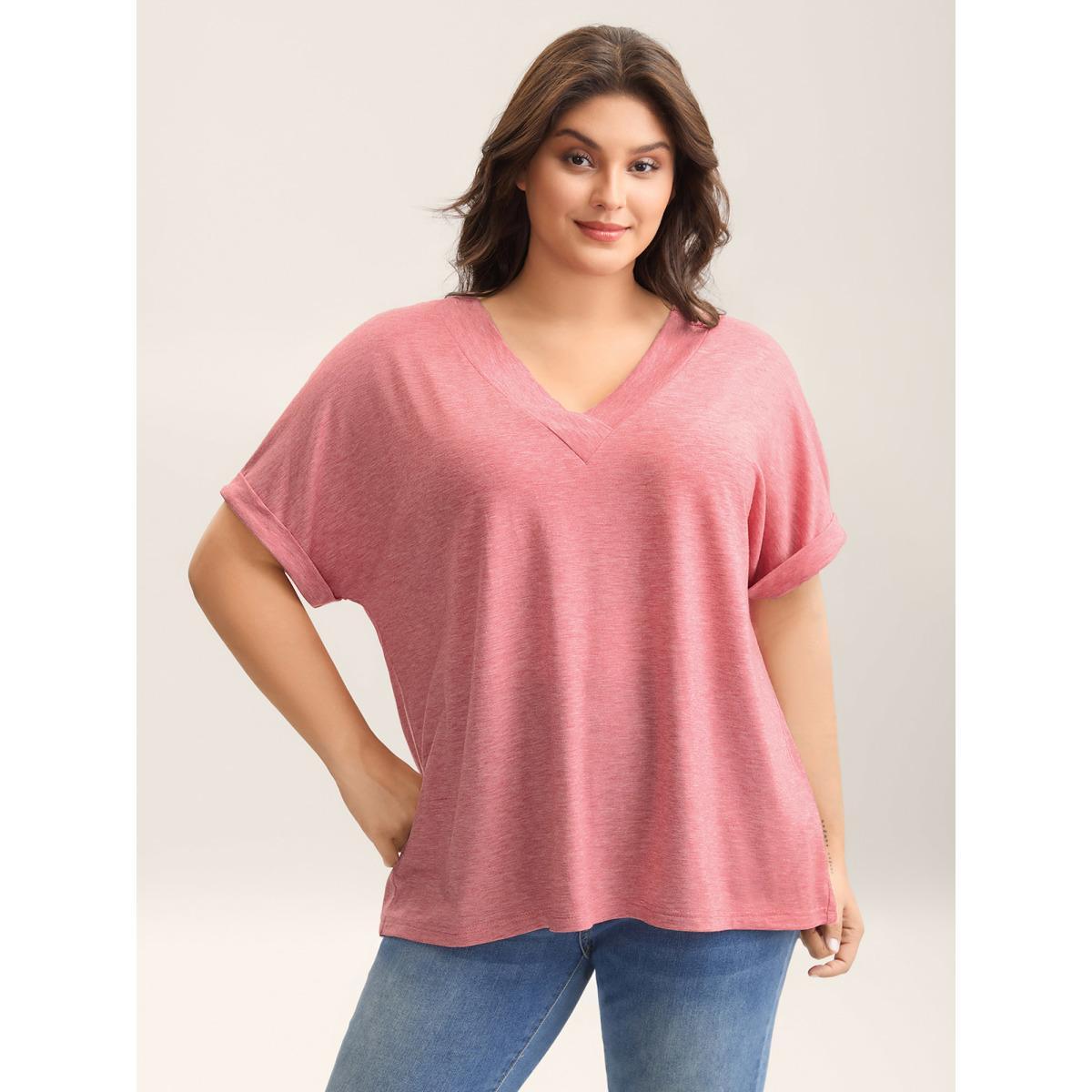 Plus Size Stretchy Heathered V-Neck Solid T-Shirt Beanpastepowder Women Casual Roll Hem V-neck Everyday T-shirts BloomChic 14-16/1X Product Image