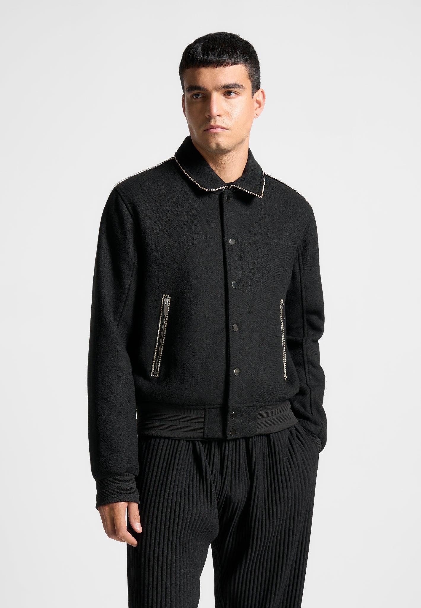 Rhinestone Wool Blend Varsity Jacket - Black Male Product Image