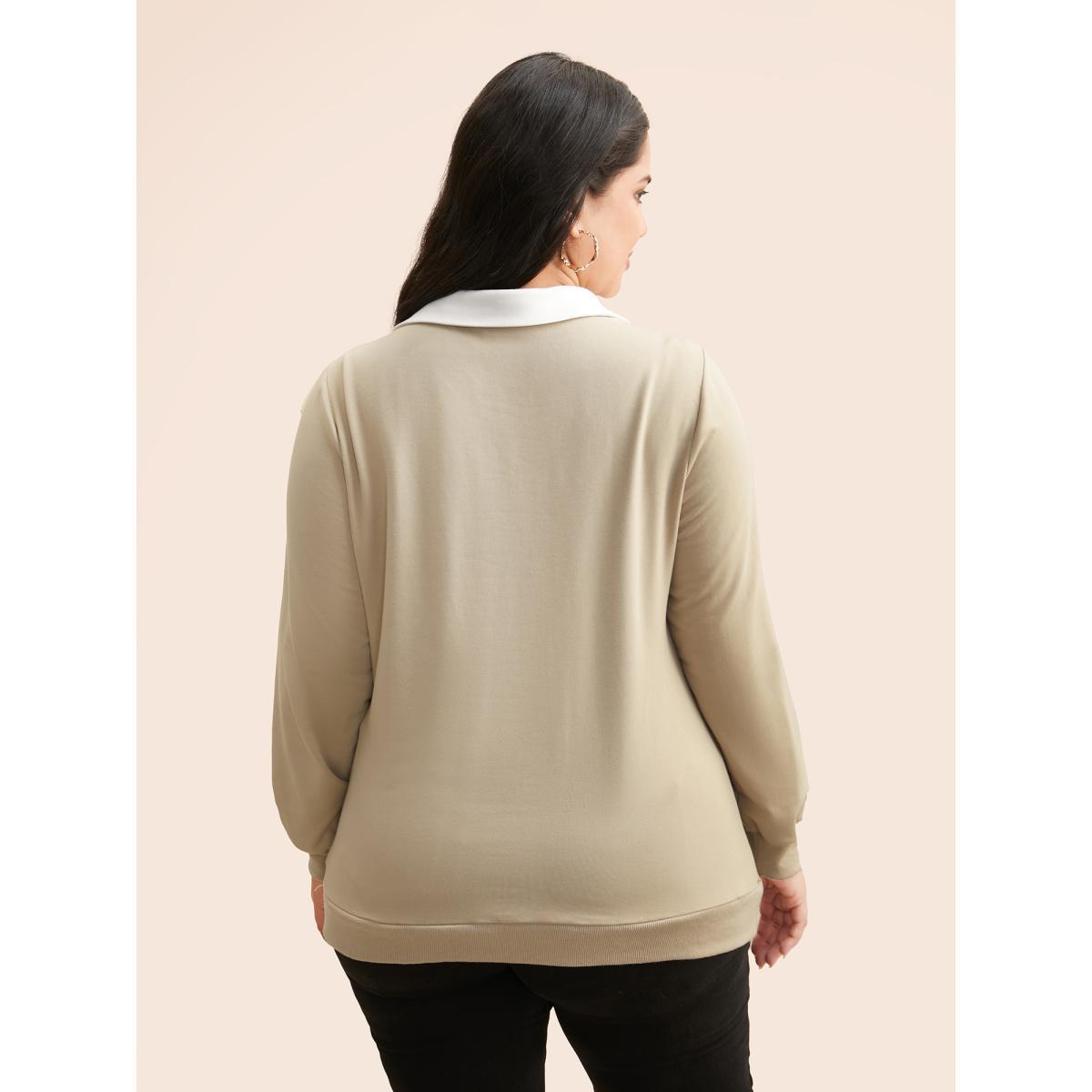 Plus Size Patchwork Contrast Button Up Sweatshirt Women Champagne Casual Contrast Shirt collar Everyday Sweatshirts BloomChic 22-24/3X Product Image