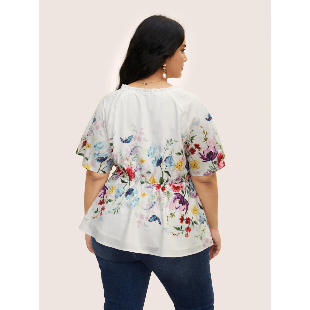 Plus Size Multicolor Floral Flat Collar With V Notch Frill Trim Blouse Women Elegant Short sleeve Flat collar with V-notch Everyday Blouses BloomChic 12/L Product Image