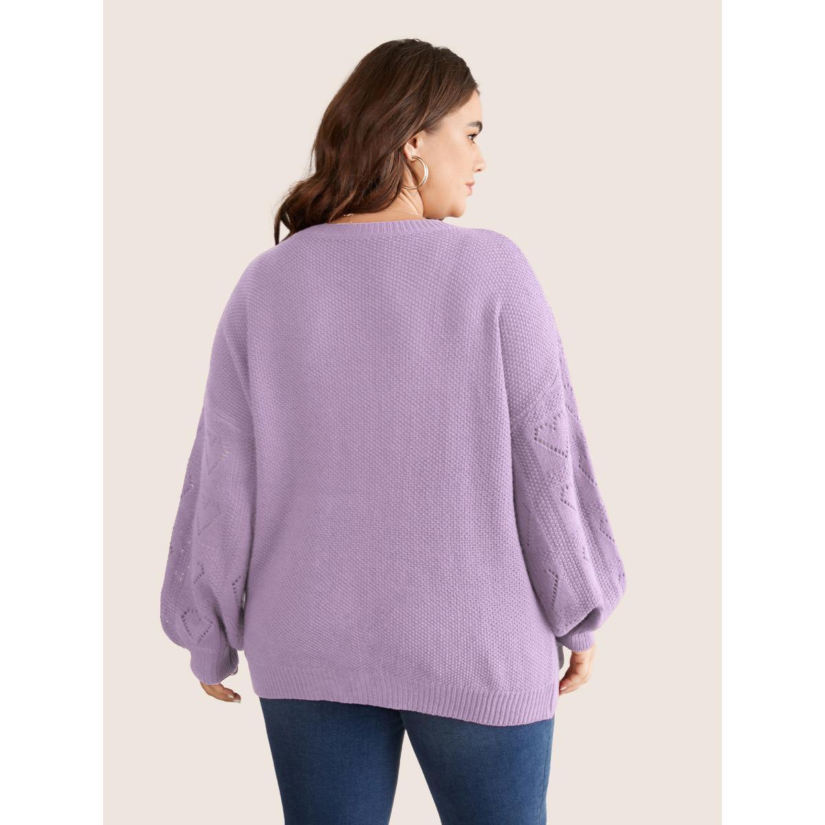Plus Size Solid Heart Pointelle Lantern Sleeve Pullover Lilac Women Elegant Long Sleeve V-neck Everyday Pullovers BloomChic 18-20/2X Product Image