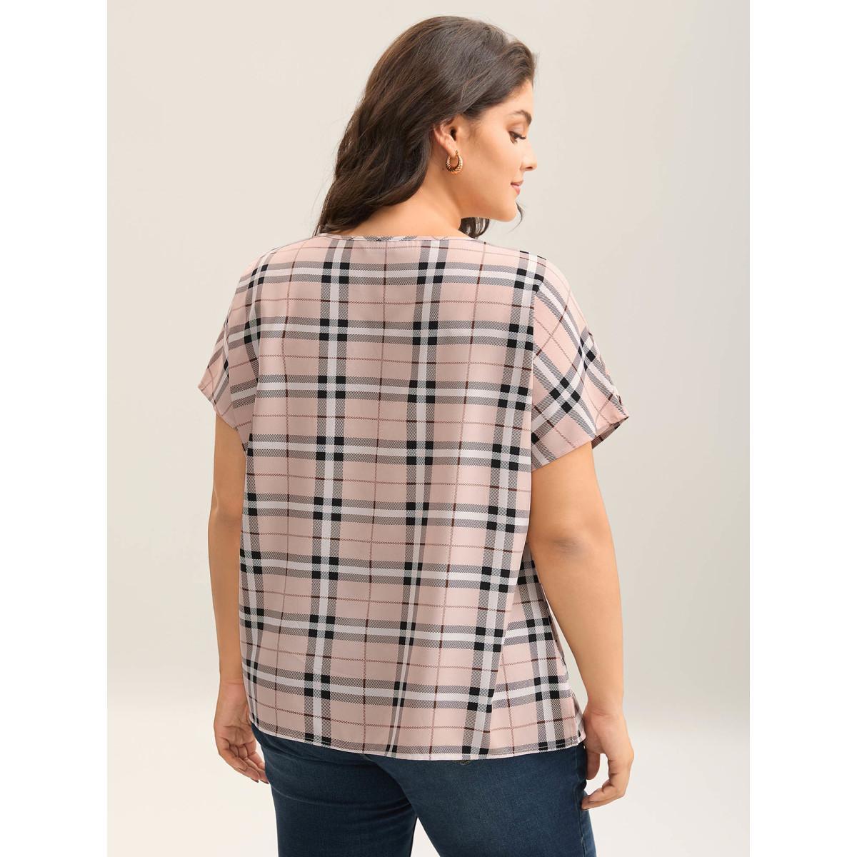 Plus Size MistyRose Plaid Pattern Round Neck Flared Shirt Women Short sleeve Round Neck Work Blouses BloomChic 18-20/2X Product Image