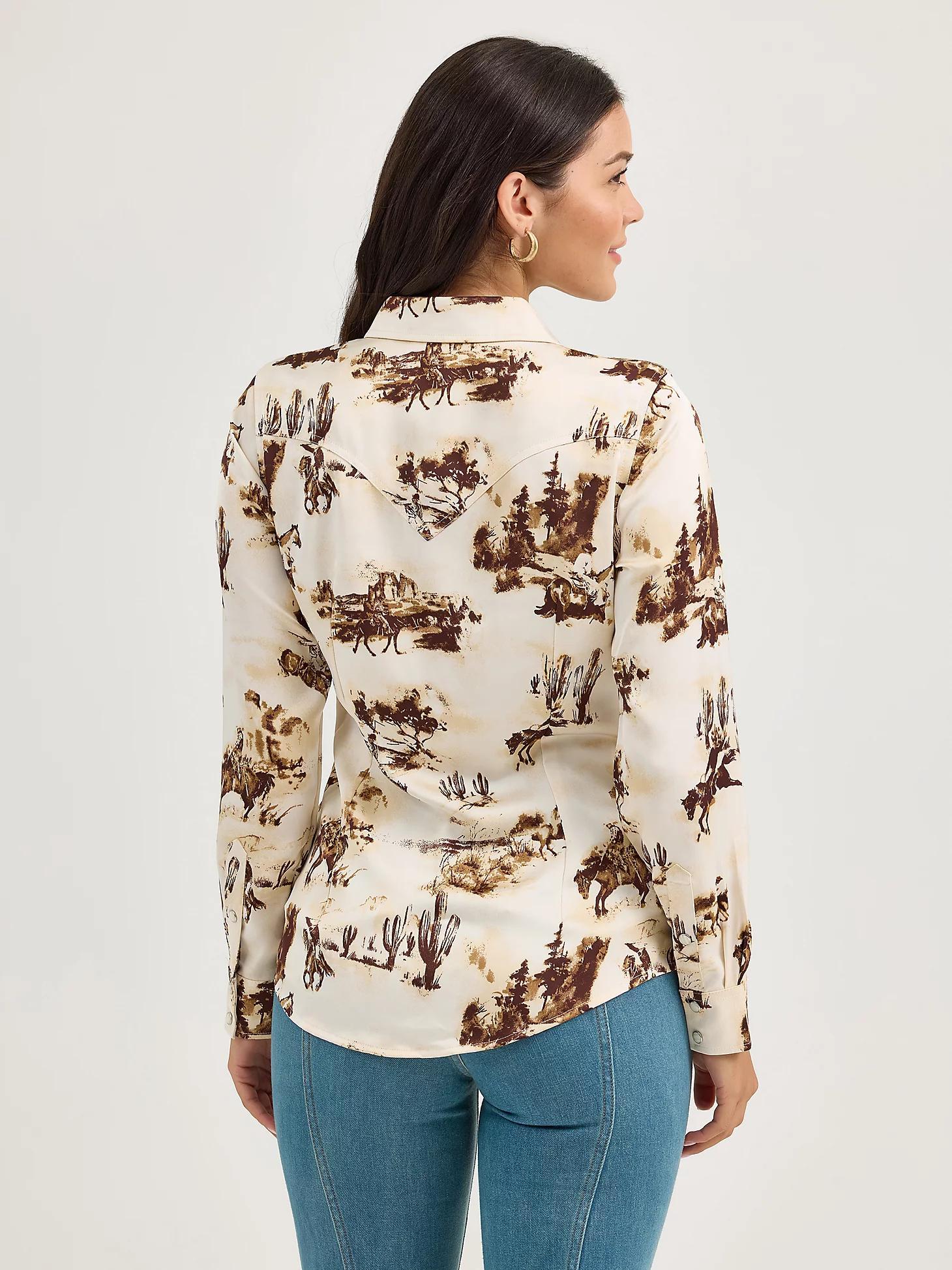 Women's Wrangler Bold Bucking Cowboy Western Snap Shirt in Cacti/Cream Product Image