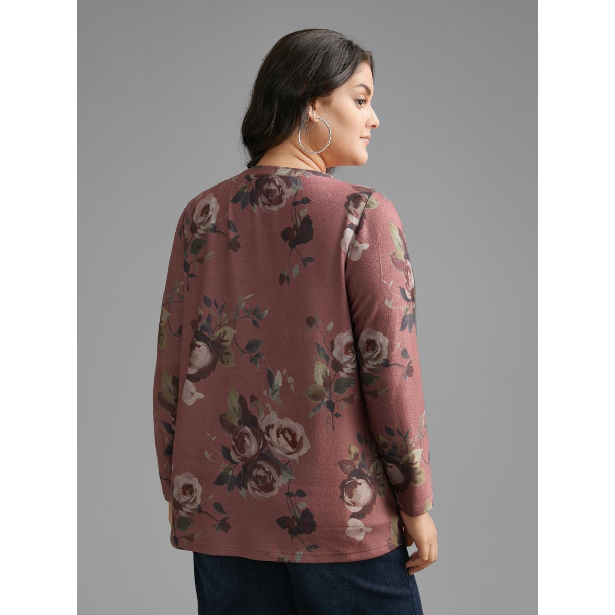 Plus Size V Neck Floral Print Button Up T-shirt DustyPink Women Casual Button Natural Flowers V-neck Everyday T-shirts BloomChic 30/6X Product Image