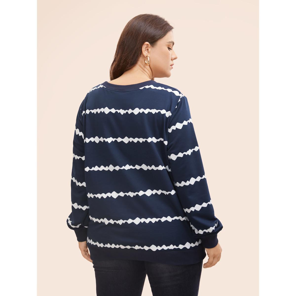 Plus Size Round Neck Asymmetrical Striped Sweatshirt Women Midnight Casual Contrast Round Neck Everyday Sweatshirts BloomChic 22-24/3X Product Image