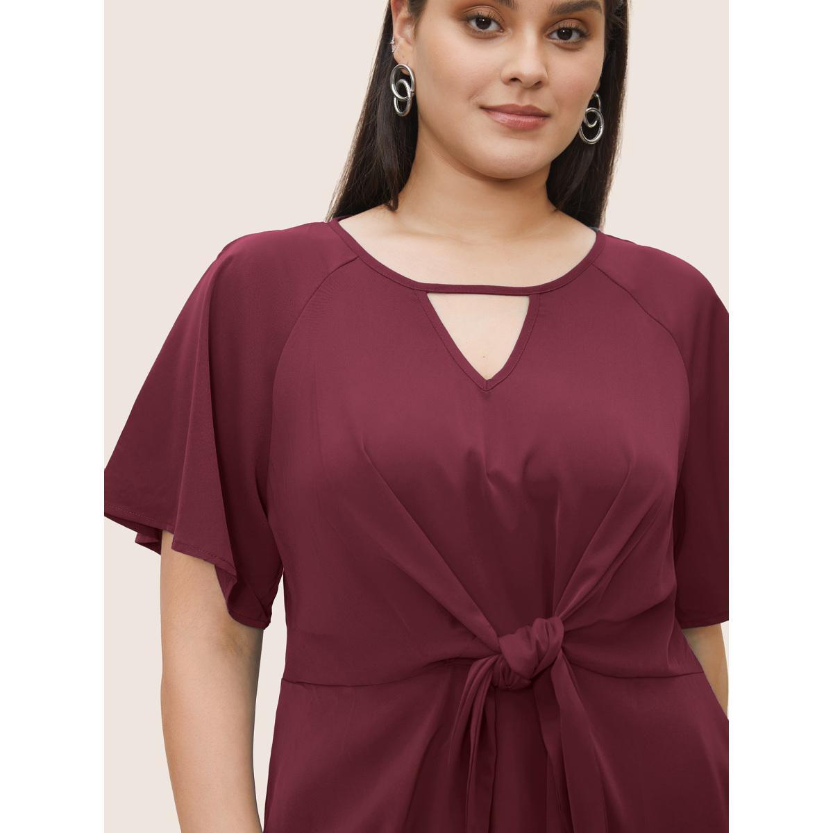 Plus Size Scarlet Plain Keyhole Knotted Front Ruffle Sleeve Blouse Women Work From Home Short sleeve Round Neck Work Blouses BloomChic 14-16/1X Product Image