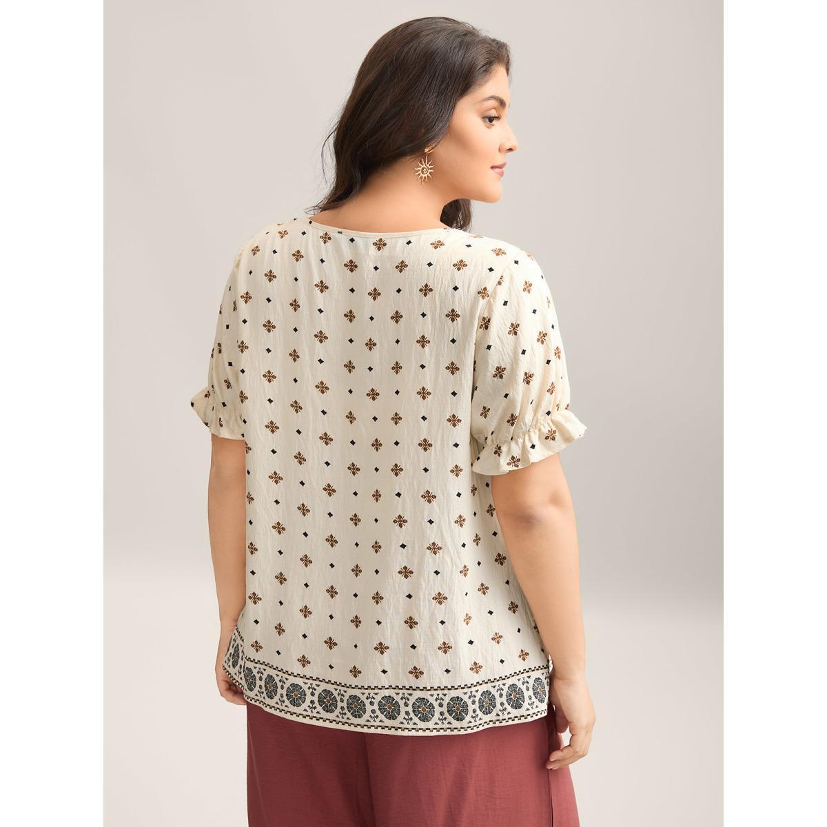 Plus Size Beige Rayon Embroidered Pleated Blouse Women Short sleeve Square Neck Vacation Blouses BloomChic 26/4X Product Image