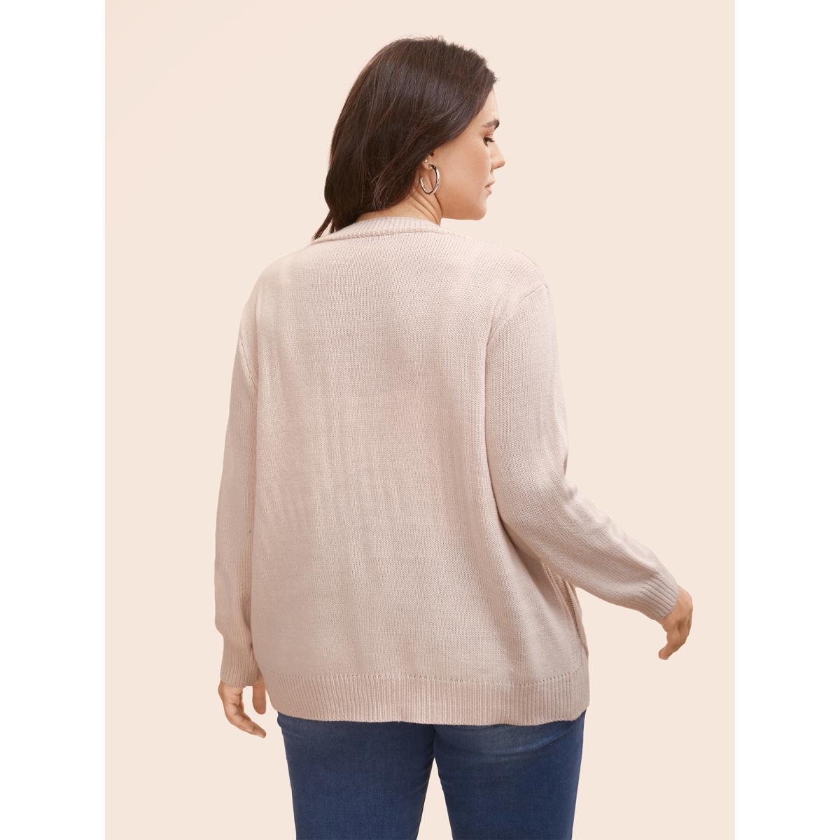 Plus Size Floral Embroidered Kimono Collar Cable Knit Cardigan MistyRose Women Casual Loose Long Sleeve Everyday Cardigans BloomChic 22-24/3X Product Image