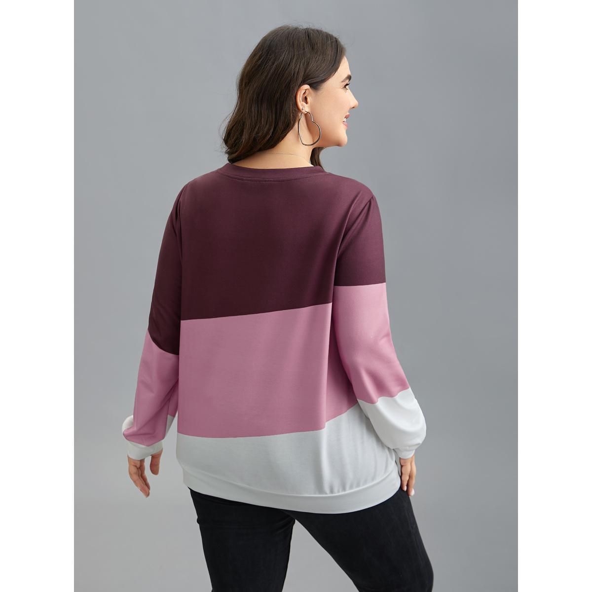 Plus Size Color Block Round Neck Sweatshirt Women Multicolor Casual Contrast V-neck Everyday Sweatshirts BloomChic 14-16/1X Product Image