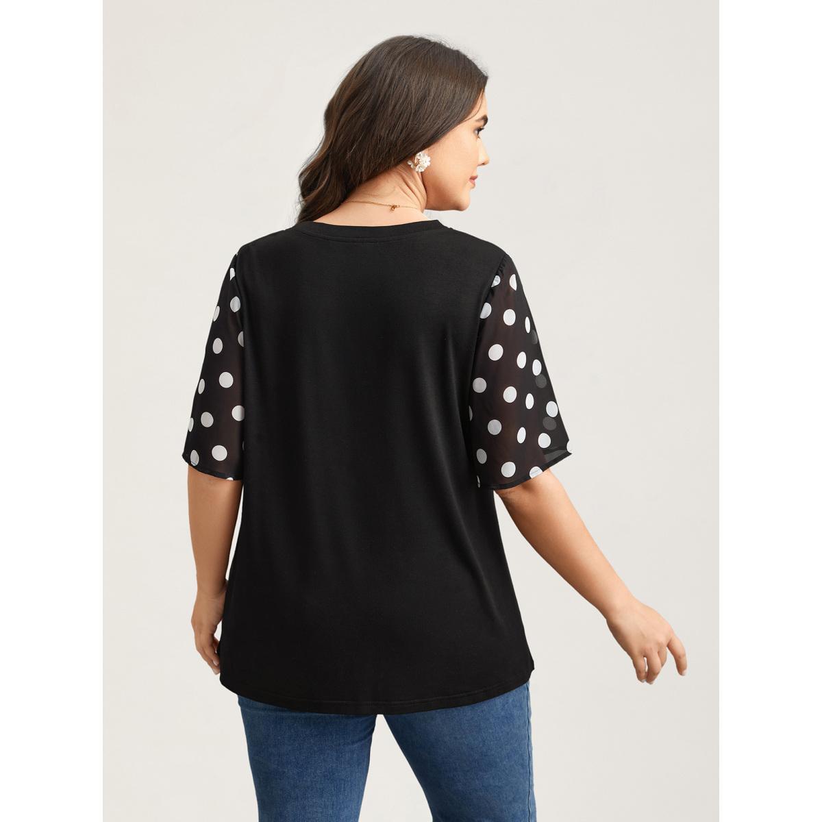 Plus Size Stretchy Sheer Dot Sleeve Textured T-Shirt Black Women Elegant See through Round Neck Everyday T-shirts BloomChic 28/5X Product Image