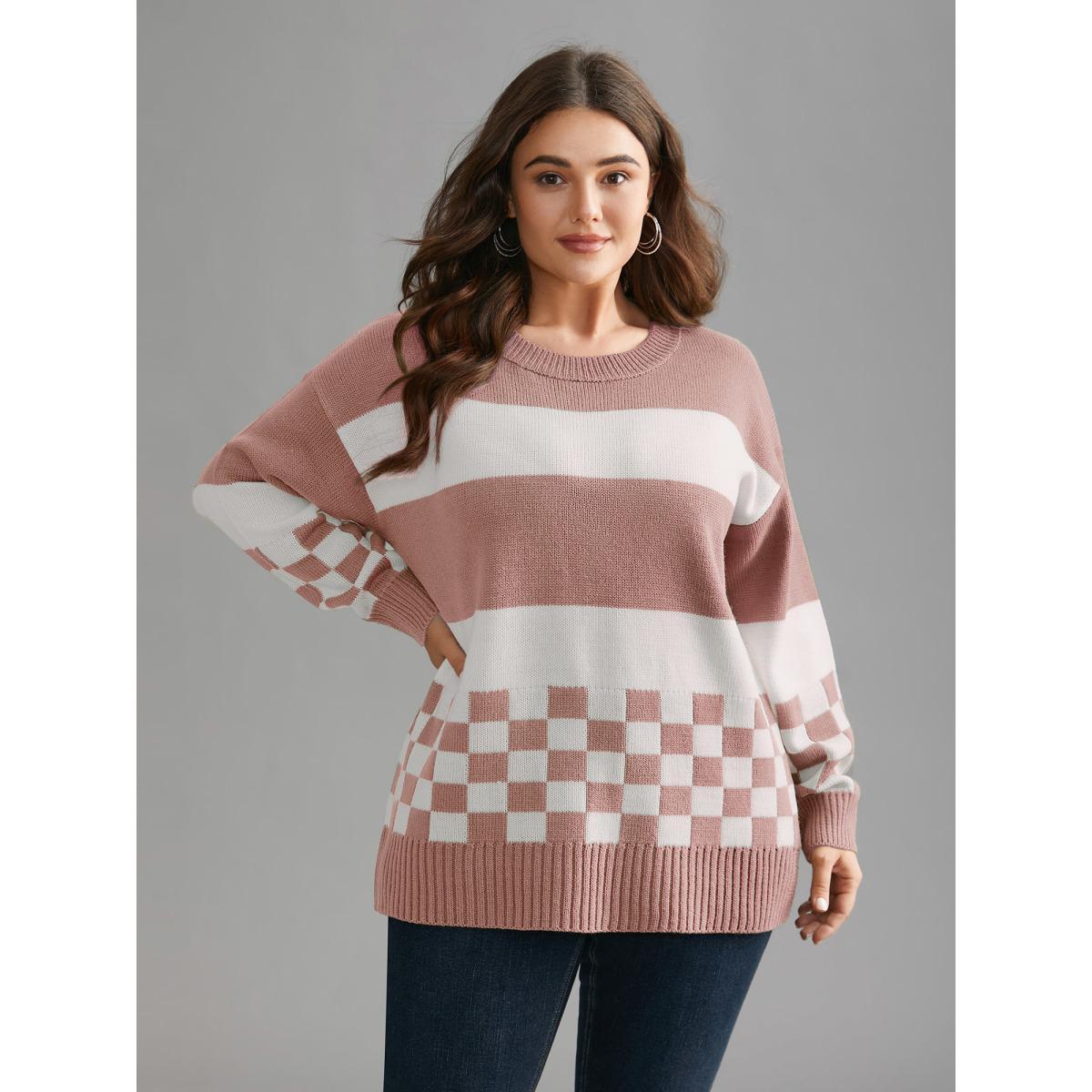 Plus Size Colorblock Contrast Round Neck Split Hem Pullover Crepe Women Casual Loose Long Sleeve Round Neck Everyday Pullovers BloomChic 30/6X Product Image