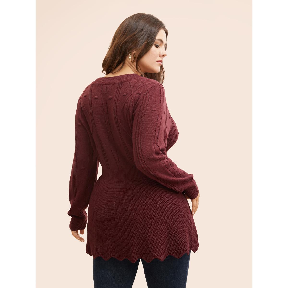 Plus Size Plain Textured Scalloped Trim Pullover Deepred Women Casual Bodycon Long Sleeve Round Neck Everyday Pullovers BloomChic 28/5X Product Image