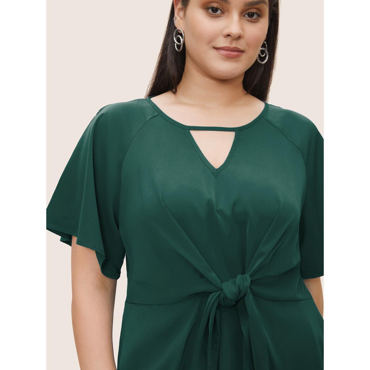 Plus Size DarkGreen Plain Keyhole Knotted Front Ruffle Sleeve Blouse Women Work From Home Short sleeve Round Neck Work Blouses BloomChic 14-16/1X Product Image