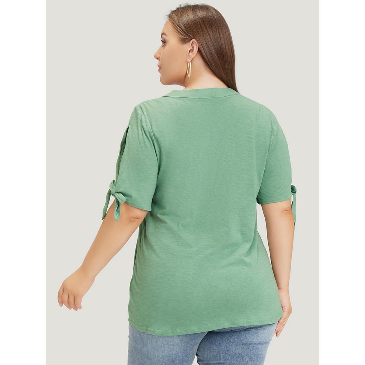 Plus Size Solid Button Up Notched Knot Sleeve Cut Out T-shirt Mint Women Casual Heather Plain Notched collar Dailywear T-shirts BloomChic 14-16/1X Product Image