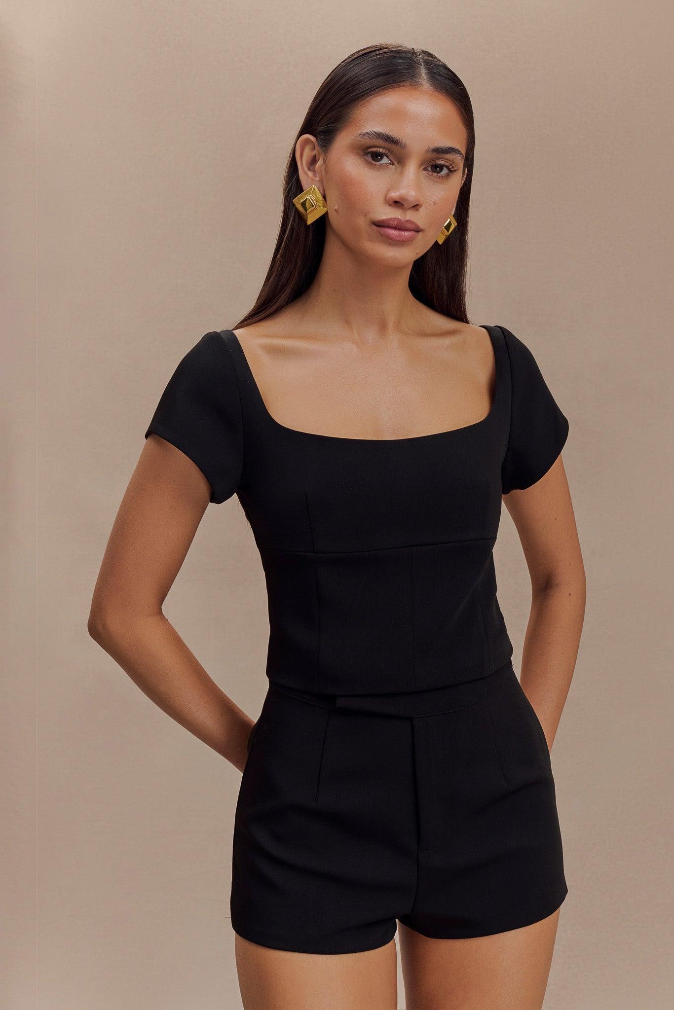 Ellis Cap Sleeve Longline Suiting Top - Black Product Image