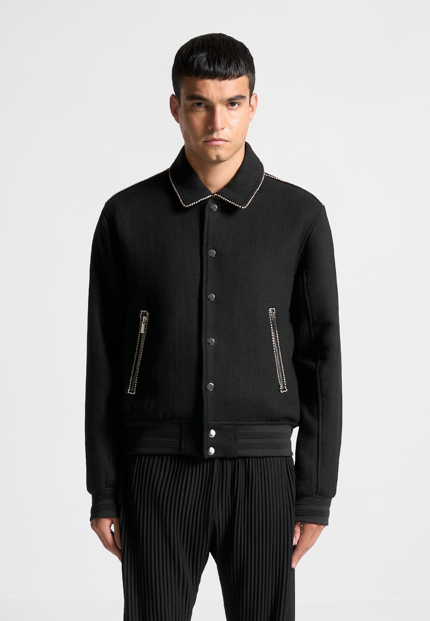 Rhinestone Wool Blend Varsity Jacket - Black Male Product Image