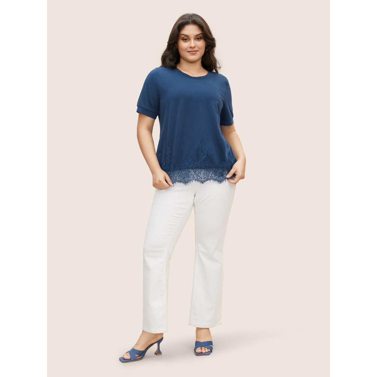 Plus Size Round Neck Solid Lace Panel T-shirt Indigo Women Elegant Patchwork Round Neck Everyday T-shirts BloomChic 12/L Product Image