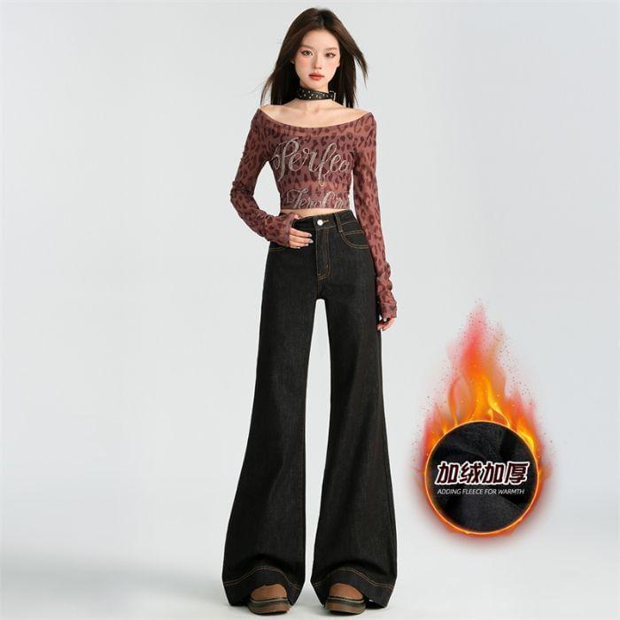 High Waist Unwashed Fleece-Lined Flared Jeans (Various Designs) Product Image